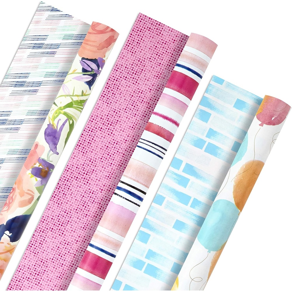 image:imageHallmark Reversible Wrapping Paper Roll Bundle Peach amp Purple Flowers Pink Stripes Balloons 3 Rolls 75 sq ft ttl for Birthdays Mothers Day Weddings Baby Showers and Bridal ShowersReversible Floral  Striped  Balloons