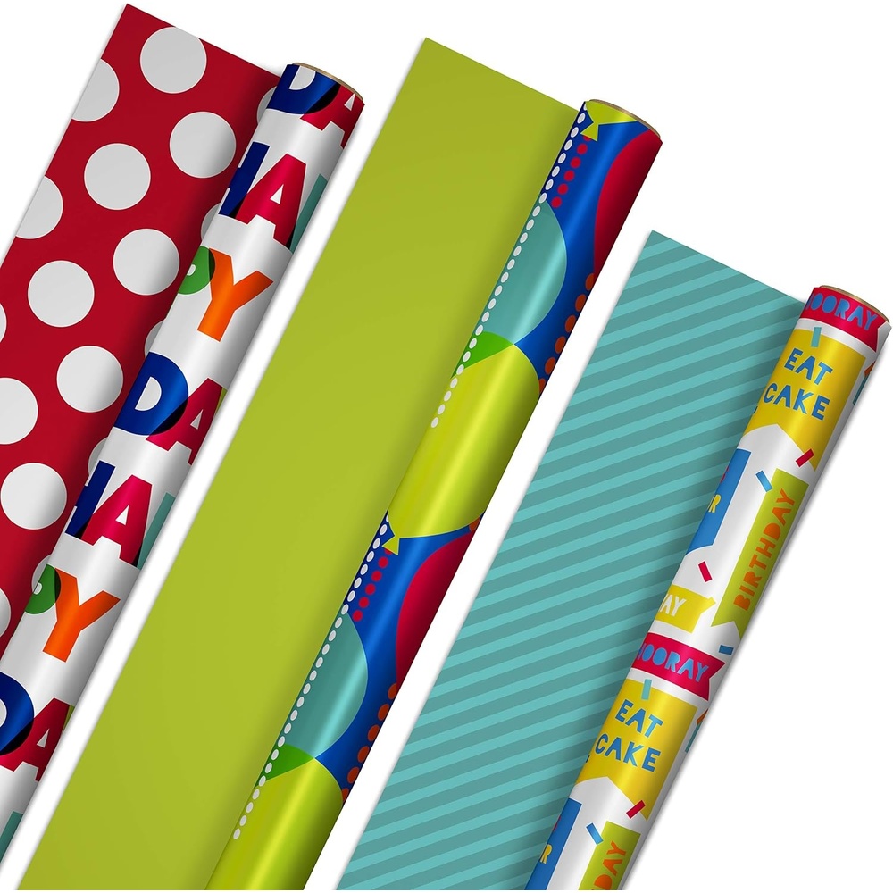 image:imageHallmark Reversible Wrapping Paper Roll Bundle Peach amp Purple Flowers Pink Stripes Balloons 3 Rolls 75 sq ft ttl for Birthdays Mothers Day Weddings Baby Showers and Bridal ShowersReversible Birthday