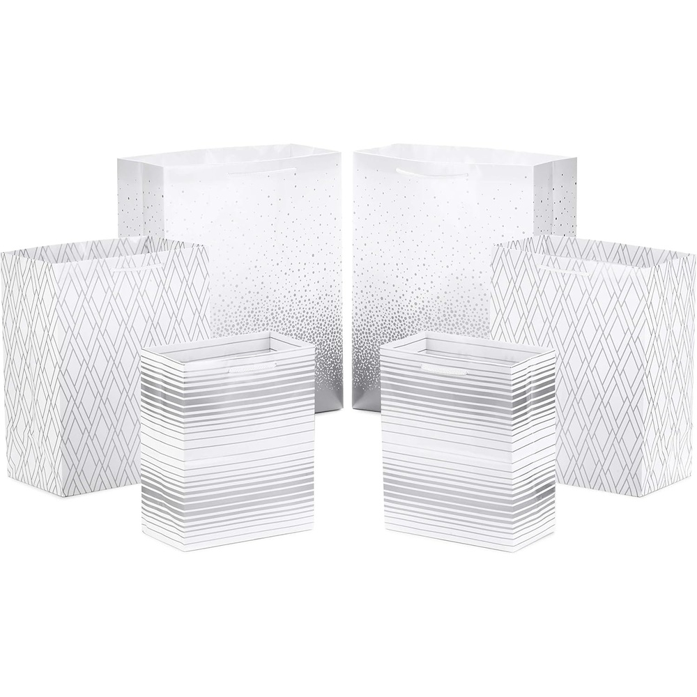 image:imageHallmark Silver Gift Bag Assortment  Diamonds Stripes Dots Pack of 6 2 Medium 9 2 Large 11 2 Extra Large 14 for Birthdays Mothers Day Weddings Bridal Showers Any OccasionSilver  White