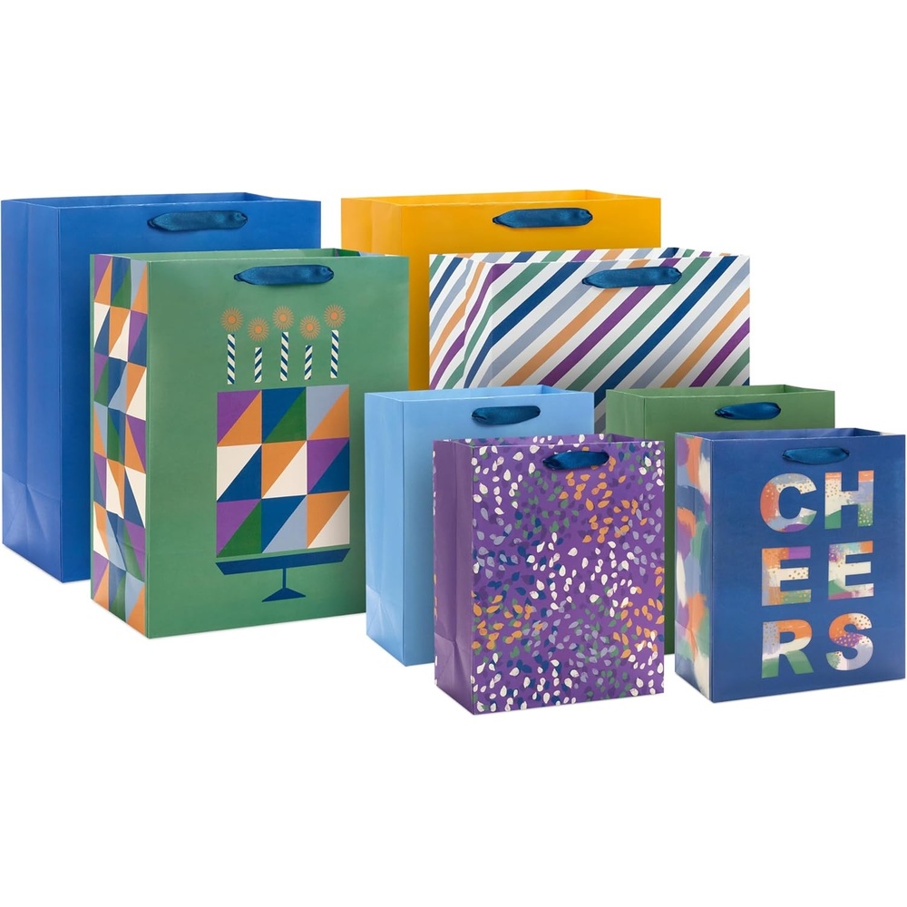 image:imageHallmark Solid Gift Bag Assortment 8 Bags 4 Medium 9 4 Large 13 Blue Green Orange Cheers StripesBlue  Green  Orange