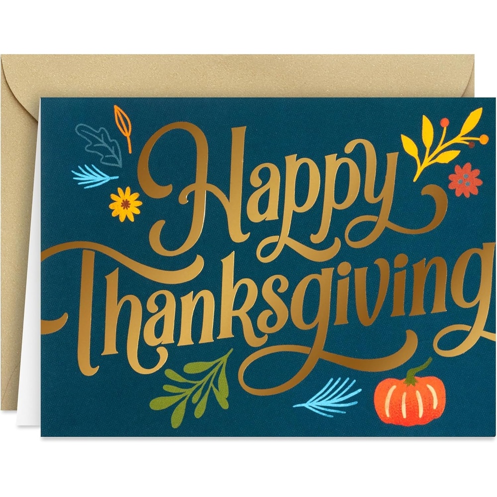 image:imageHallmark Thanksgiving Blank Note Cards 40 Cards with 40 Envelopes Green and Gold Pumpkins Leaves