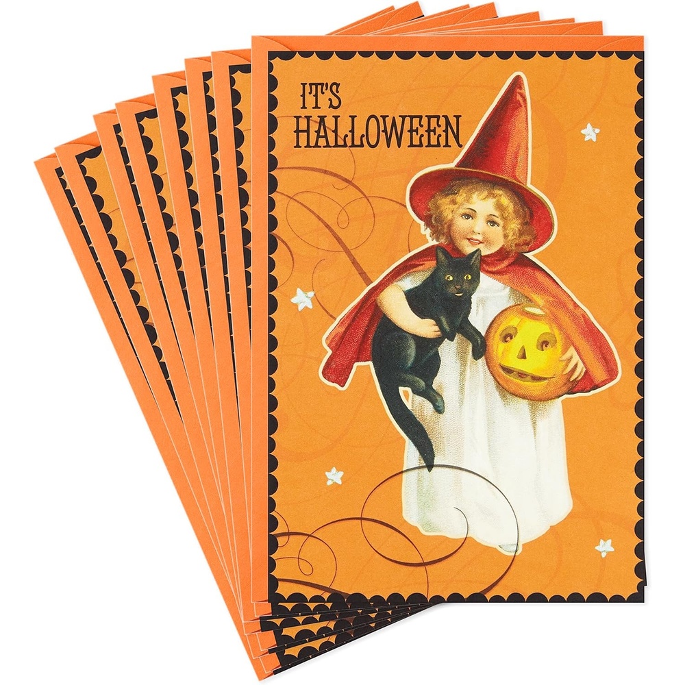 image:imageHallmark Vintage Halloween Cards 8 Cards with Envelopes Cute Witch with Black Cat and JackoLanternCute Vintage Witch