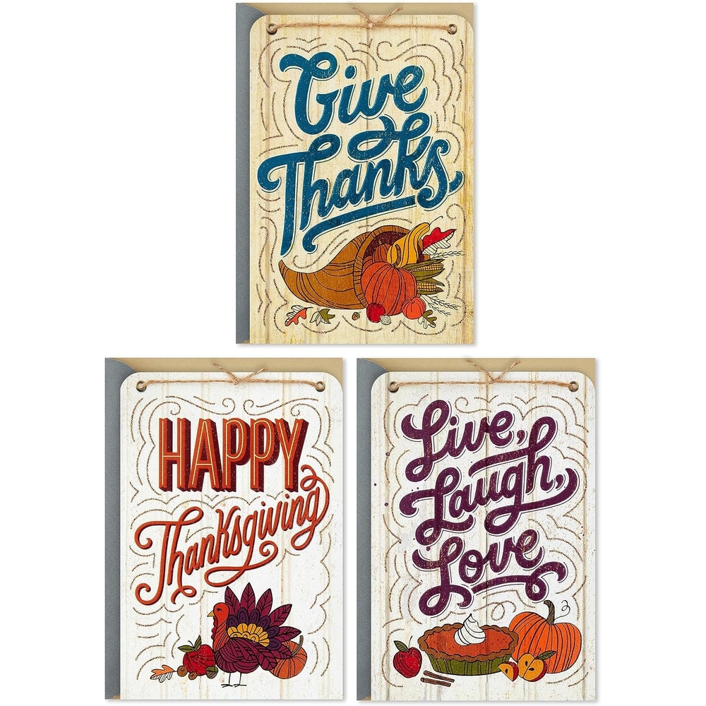 image:imageHallmark Wood Grain Thanksgiving Card Assortment 3 Cards with Envelopes Live Laugh Love Give Thanks CornucopiaRustic Thanksgiving  3 Cards