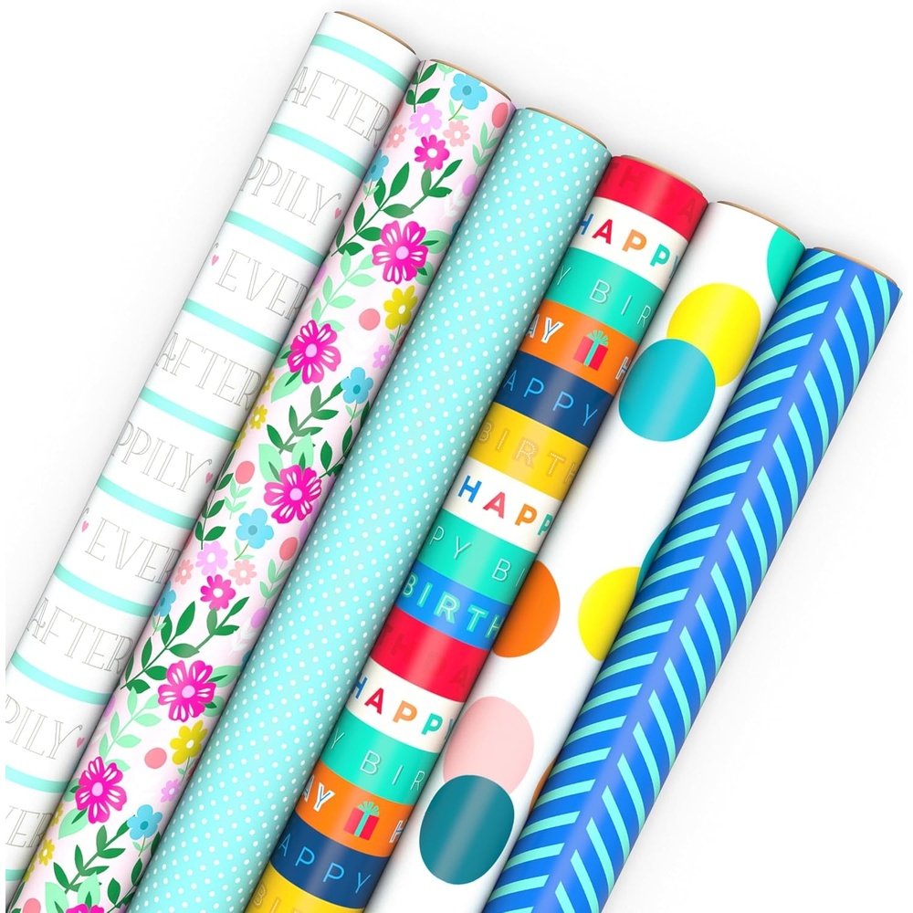 image:imageHallmark Wrapping Paper Rolls for Graduation Birthday Wedding Baby Shower  Flowers Polka Dots Happily Ever After Gift Wrap Set of 6 Assorted Rolls 180 sq ft ttl