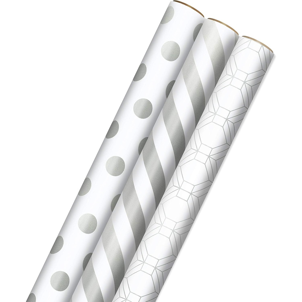 image:imageHallmark Wrapping Paper Rolls for Weddings Bridal Showers Birthdays  Silver and White Gift Wrap Paper Set of 3 Rolls 105 sq ft ttl Polka Dots Stripes Geometric ShapesMetallic White and Silver