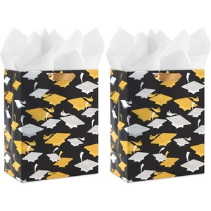 Hallmark 9″ Medium Graduation Gift Bag with Tissue Paper (Gold and Silver Mortarboards on Black) for College, High School, 8th Grade, Kindergarten, Nurses(1 count (Pack of 2))
