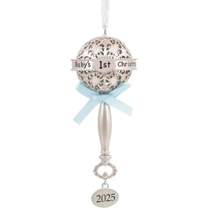Hallmark Baby’s First Christmas Silver Rattle with Blue Ribbon 2025 Christmas Ornament, Metal, New Baby Gifts