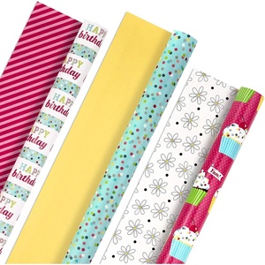 Hallmark Birthday Wrapping Paper Rolls – Colorful Gift Wrap Paper, Flowers, Cupcakes, Striped, Polka Dots (Set of 3 Reversible Rolls: 75 sq. ft. ttl.)(Cupcakes  Polka Dots  Happy Birthday (3 Rolls))