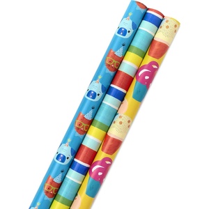 Hallmark Birthday Wrapping Paper Rolls for Kids for Graduation, Parties, Celebrations, All Occasion – Animals, Cupcakes & Colorful Stripes (Set of 3 Rolls: 55 sq. ft. ttl.)(Cats and Dogs  Stripes  Cupcakes)