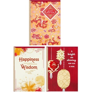 Hallmark Chinese New Year Cards 2026 (3 Lunar New Year Cards with Red Lucky Money Envelopes) Happiness, Luck, Prosperity, Year of the Horse(Pack of 3)