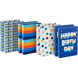 Hallmark Designed Shirt Boxes with Lids (8 Boxes: 2 Each of Orange and Blue Stripes, Plaid, Dots, Happy Birthday) for Birthdays, Father’s Day, Graduations(8 Assorted Birthday Gift Boxes)