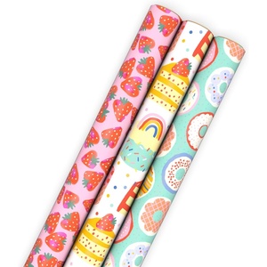 Hallmark Donuts and Strawberry Wrapping Paper Rolls for Birthdays, Valentine’s Day, Teacher Appreciation (Set of 3 Rolls: 75 Sq. Ft. Total) Pink, Teal, White, Rainbow, Confetti(Donuts and Strawberry)