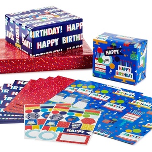 Hallmark Flat Birthday Wrapping Paper Sheets with Cutlines on Reverse (12 Folded Sheets with Sticker Seals) Happy Birthday, Red Confetti, Blue with Cakes(Blue Red Dark Blue and Multicolor)