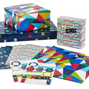 Hallmark Flat Wrapping Paper Sheets for Birthdays, Graduations, Bridal Showers (12 Folded Sheets with Sticker Seals) Black and White Crosshatch, Blue Floral, Tropical Greenery(Colorful Geometric  Stripes  Dots)