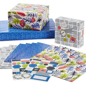 Hallmark Flat Wrapping Paper Sheets for Birthdays, Graduations, Bridal Showers (12 Folded Sheets with Sticker Seals) Black and White Crosshatch, Blue Floral, Tropical Greenery(Colorful Floral  Black and White  Blue)