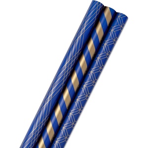 Hallmark Navy Blue and Gold Wrapping Paper Rolls for Graduation, Birthday, Wedding, Father’s Day, All Occasion – Metallic Striped and Geometric Gift Wrap Paper (Set of 3 Rolls: 105 sq. ft. ttl.)(Metallic Blue and Gold)