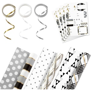 Hallmark Reversible Wrapping Paper Bundle with Ribbon & Gift Tag Stickers – Black, Gold Stripes, Plaid (3 Pack, 120 sq. ft. TTL, 30 Yds. Mini Ribbon, 36 Labels) for Graduations, Weddings, Christmas(White  Black  Gold  Gray)