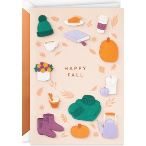 Hallmark Signature Fall and Thanksgiving Card (Happy Fall) Pumpkins, Mums, Sweaters, Coffee, Candles, Pie(Happy Fall Card)